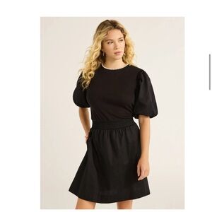 Free Assembly Black Puff Sleeve Dress w. Pearl Neckline